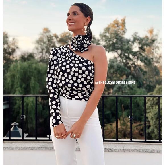 MANGO Asymmetrical Polka Dot Satin Blouse ✨🖤🤍 NWT - Picture 11 of 16